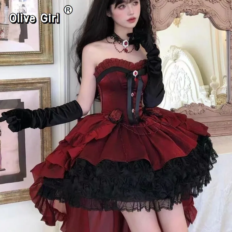 Olivegirl Gothic Lolita Dress Rose Girl Birthday Ceremony Train Lolita Princess Dress Banquet Party Women's Clothes Cosplay
