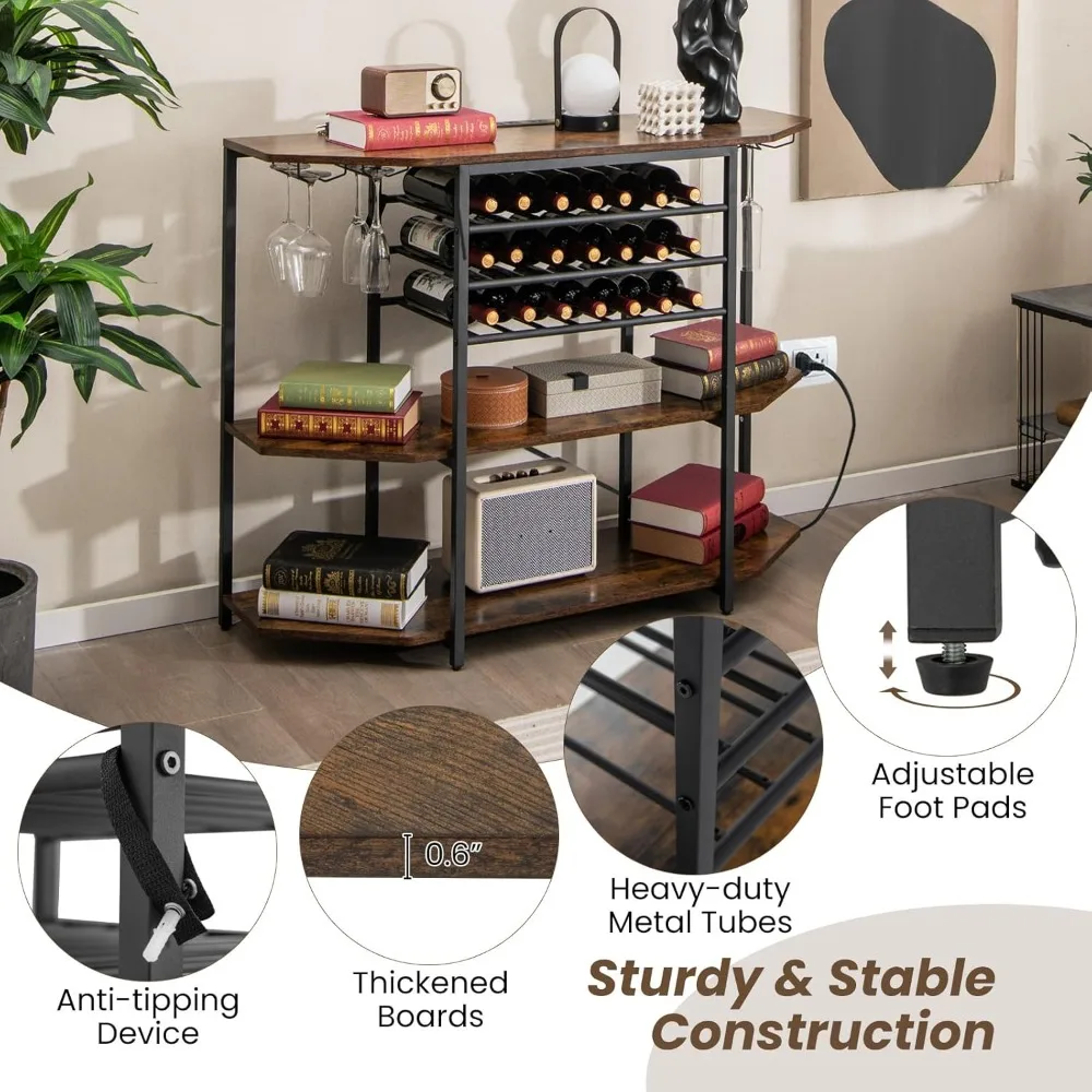 خزانة النبيذ والمشروبات الخمور من 3 طبقات مع منافذ كهربائية ورفوف الزجاجات وحاملات زجاجية #6