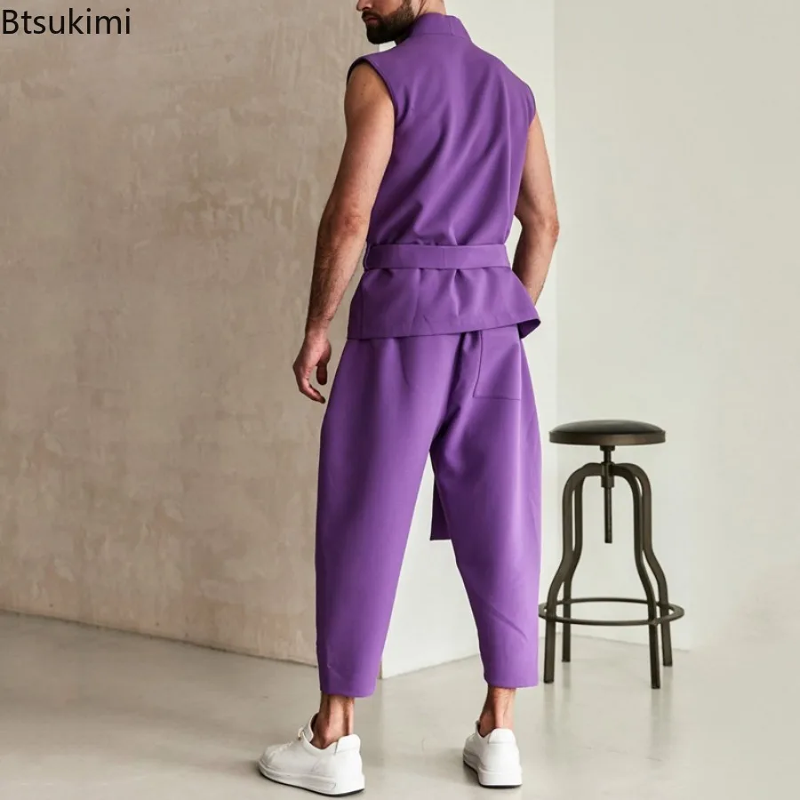 2025 Fashion High Street Men's Two Pieces Purple Sleeveless Lace-up Cardigan Tops and Pants Casual Outfits Trend Men's Clothing