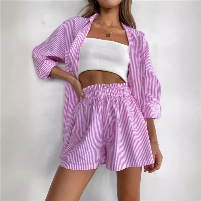 Faionable Casual Women's irt Blouse orts Set 2 Pieces Summer Season Long Sve  Collar Buttoning Wear