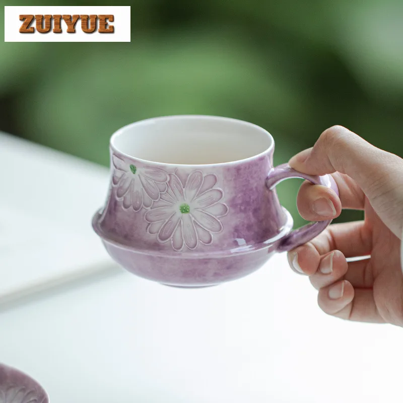 Juego de tazas de café con margaritas y flores pintadas a mano, taza de avena de leche púrpura de cardamomo, taza con agarre de agua para oficina, utensilios de cocina para fiestas, 210ml