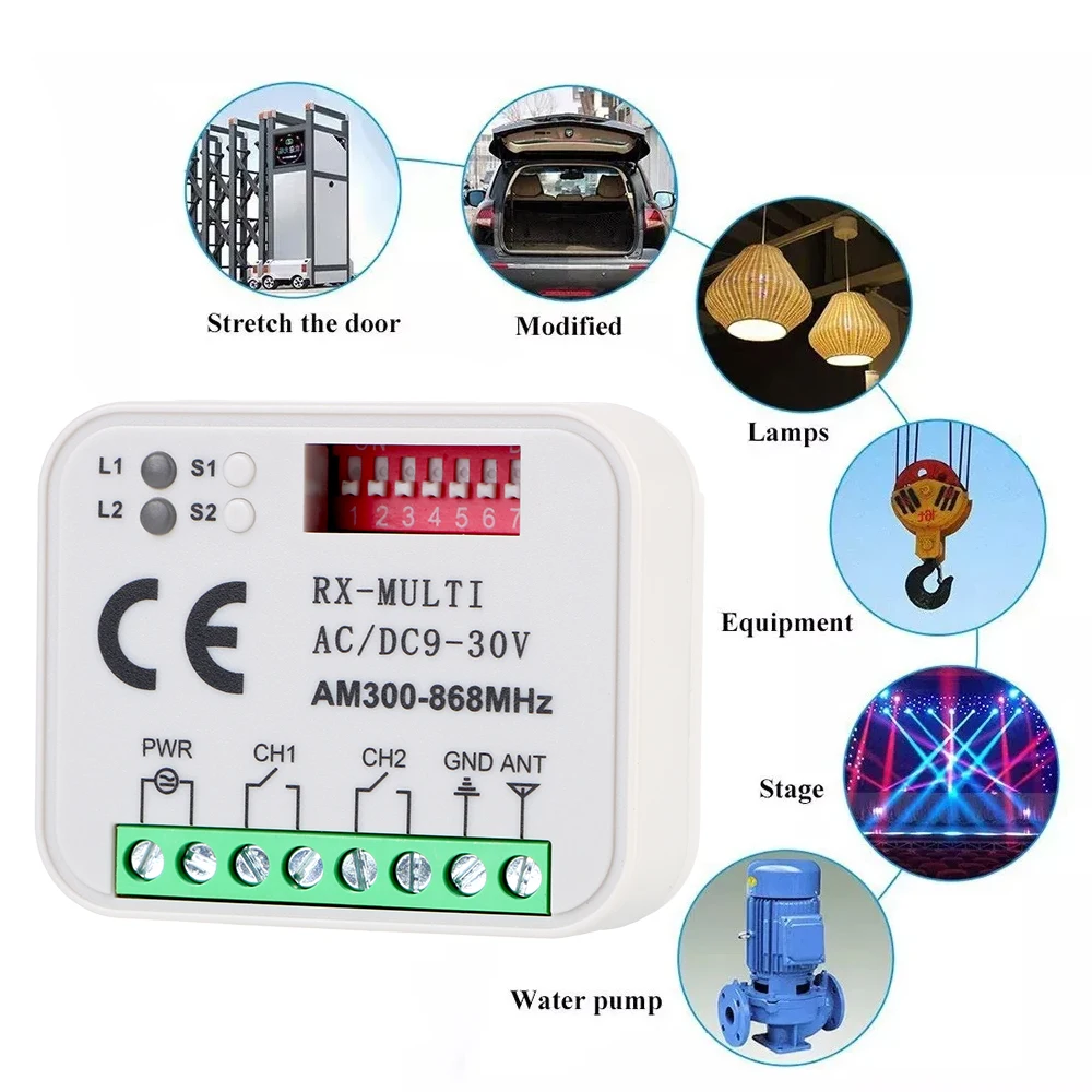 For 433MHz 868MHz Garage Door Receiver Universal AC/DC 9-30V RX Multi 300-900MHz Gate Remote Control Switch Module Relay