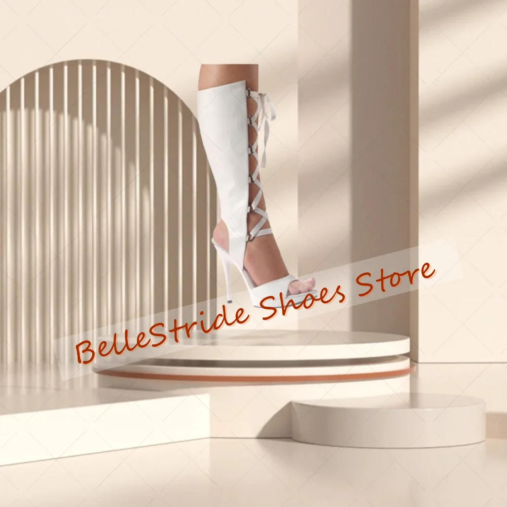 

White Lace up Peep Toe Sandals Boots Matte Leather Women Shoes Thin High Heels Party Banquet Dating 2025 Zapatos Para Mujere