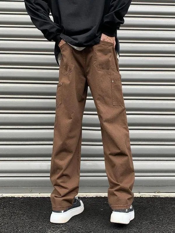 

Men's Fce Lined Loose Straight Leg Workwear Pants American Sle Autumn Winter Casual Trousers Vintage Trendy Brand