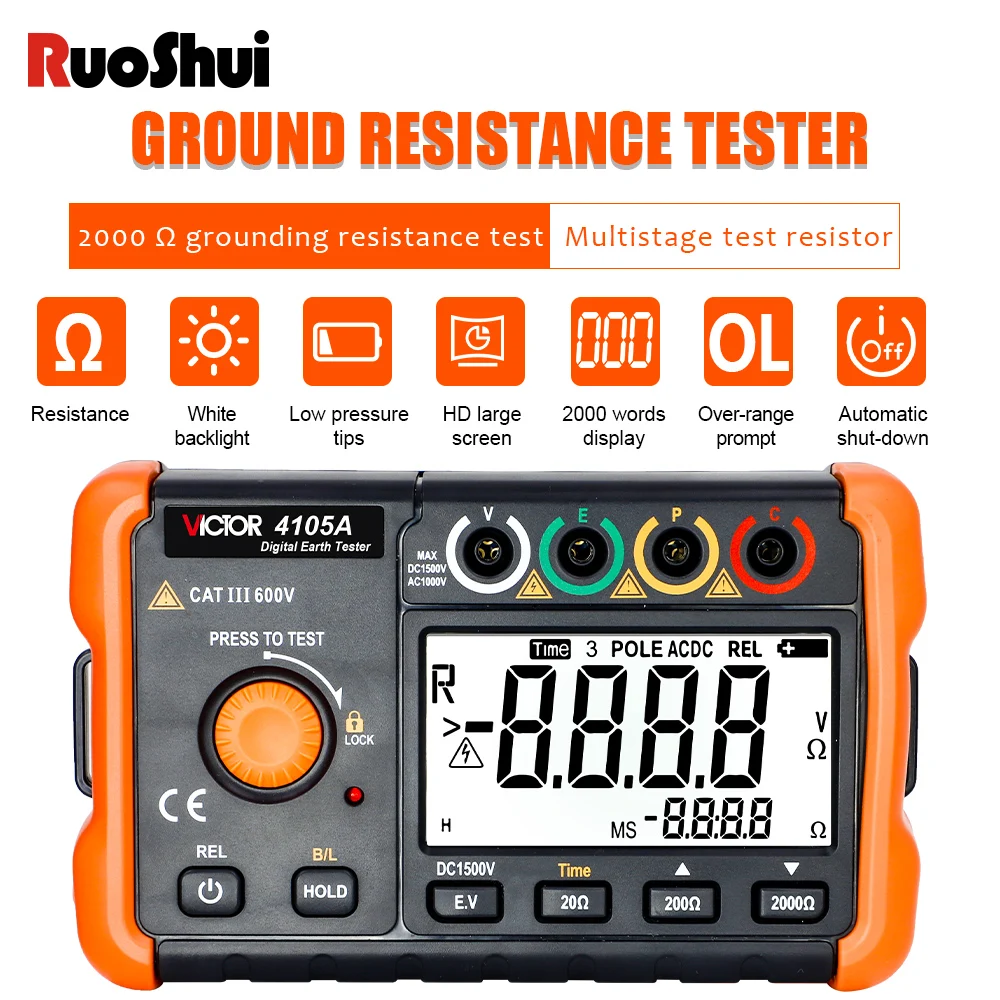 Victor 4105A Digital Earth Resistance Tester Insulation Grounding 2000Ω Voltage Meter Lightning Rod Instrument Resistor Tool