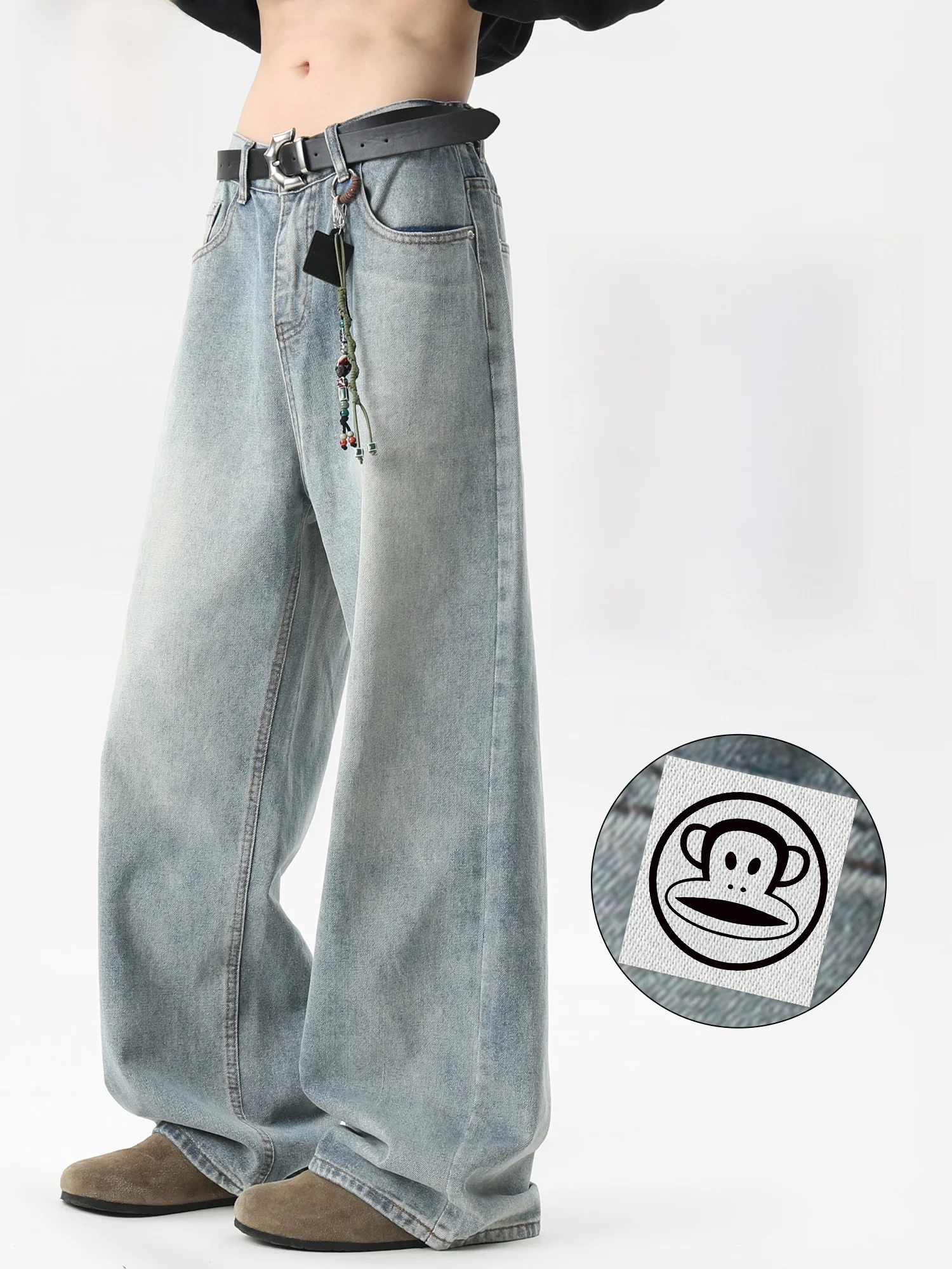 

PaulFrank Men's Loose Straight Leg Jeans Blue Waed American Retro Spring Casual Comfortable Cotton Denim Trousers