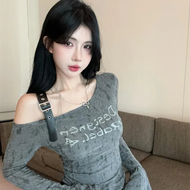 

Sexy Waist Irregular Asymmetric Shoulder Camisole Long Sleeve Tee OL Women's Style Cropped Length Long Sleeve Strapless Printed