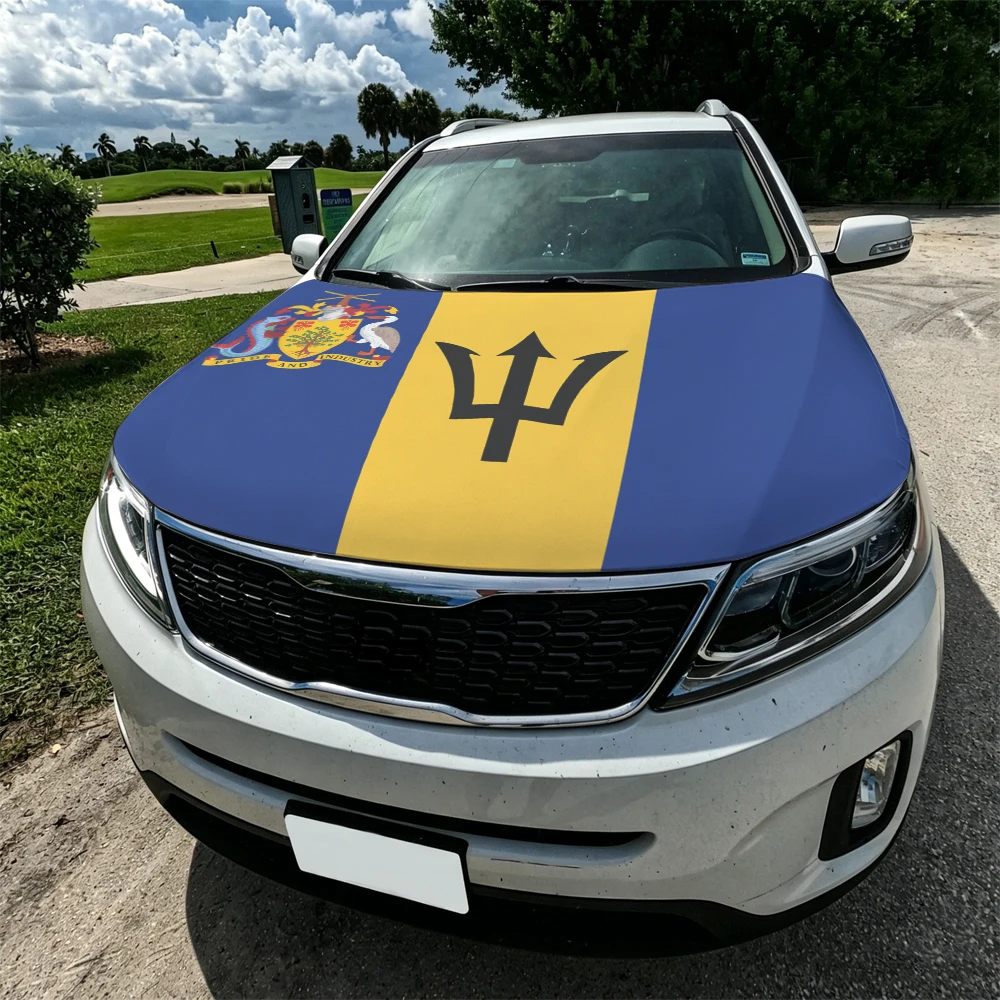3.8x5.3ft Barbados Car Hood Cover Flag Car Bonnet Banner Elastic Fabrics Windproof Patriotic Automotive Hood Covers