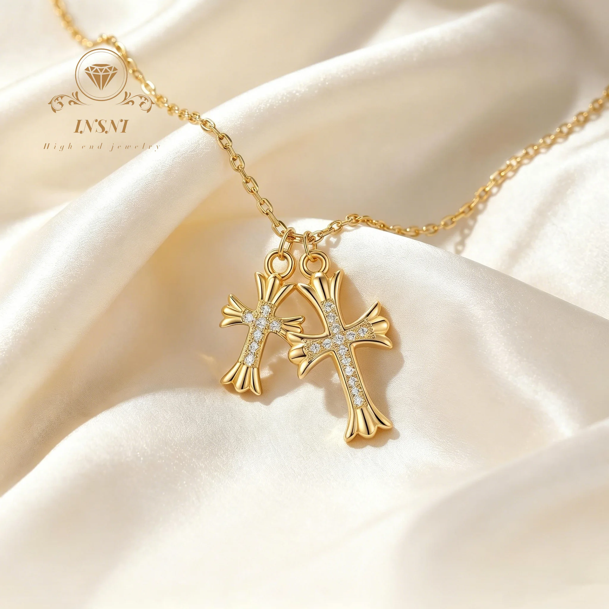 Diamond-encrusted Moissanite Double Cross Pendant for Men and Women Personalized Couple Necklace S925 Sterling Silver Jewelry