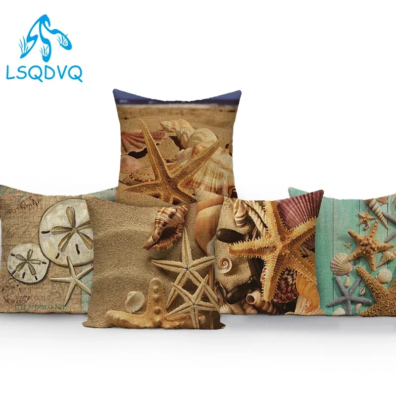 Polyester Vintage Style Shell Beach Seaside Starfish Fish Animals Pillow Cover Case Decorative Sofa Cushion Cover Home Decor