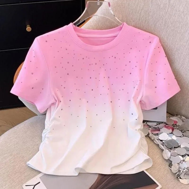 Neploe Fashion Tie Dye Gradient O-neck T-shirts 2024 Summer New Diamond Tops Women Y2k Short Sleeve Pink White Tee Shirt