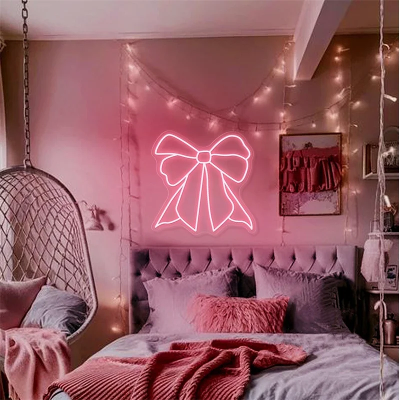 Pink Bow LED Neon Sign, Custom Bedroom Girl's Room Neon Light Sign Home Wall Dorm Beauty Room Salon Decor Party Bar Decoration