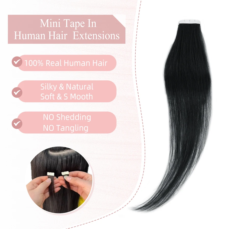 Vlasy 16pcs Mini Tape In 100% Human Hair Extensions Strap Seamless Invisible Straight Strap Real Human Hair for Women 12''-24''