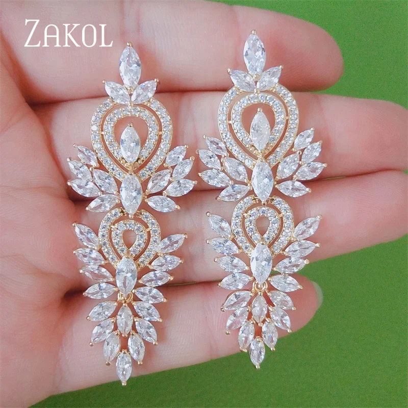 ZAKOL Luxury Leaf Bridal Earrings for Women Vintage Cubic Zirconia Dangle Earrings Shiny Sliver Color Wedding Party Jewelry