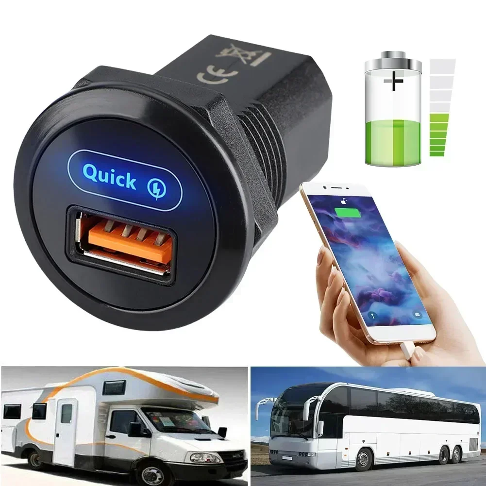 1pc 12V-24V Car Charging Socket 18W QC3.0 RV Bus USB Outlet Car Charger Adapter 39.4x32.5mm Intelligent Fast Charging Mode