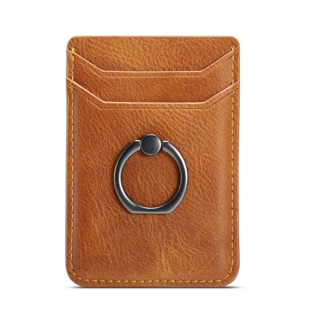 MUXMA Calfskin Leather Card Pocket Finger Ring Stand for iPhone 14 Pro Max XR XS S23 Note 20 Grip Back Adhesive Wallet Card Bag