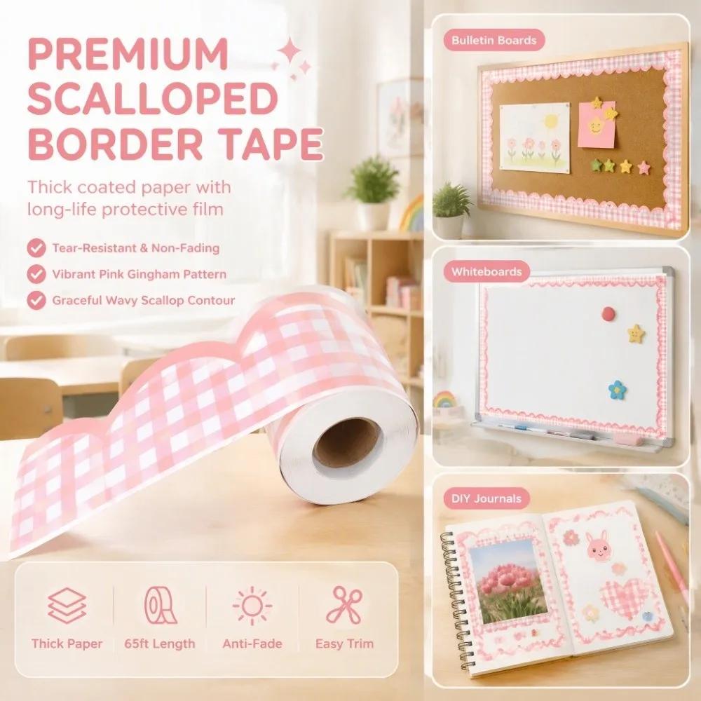 Durable Wavy Edge Masking Tape 65FT Checkered Pattern Decorative Border Tape Pink Plaid Board Border Scrapbook