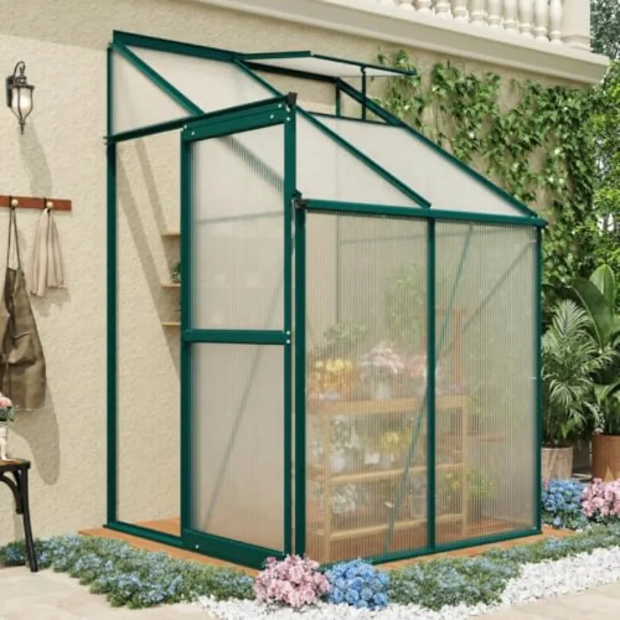 Polycarbonate Greenhouse for Outdoors, Aluminum Frame, Green, Walk-in Garden Greenhouse with Adjustable Roof Vent, Sliding Door