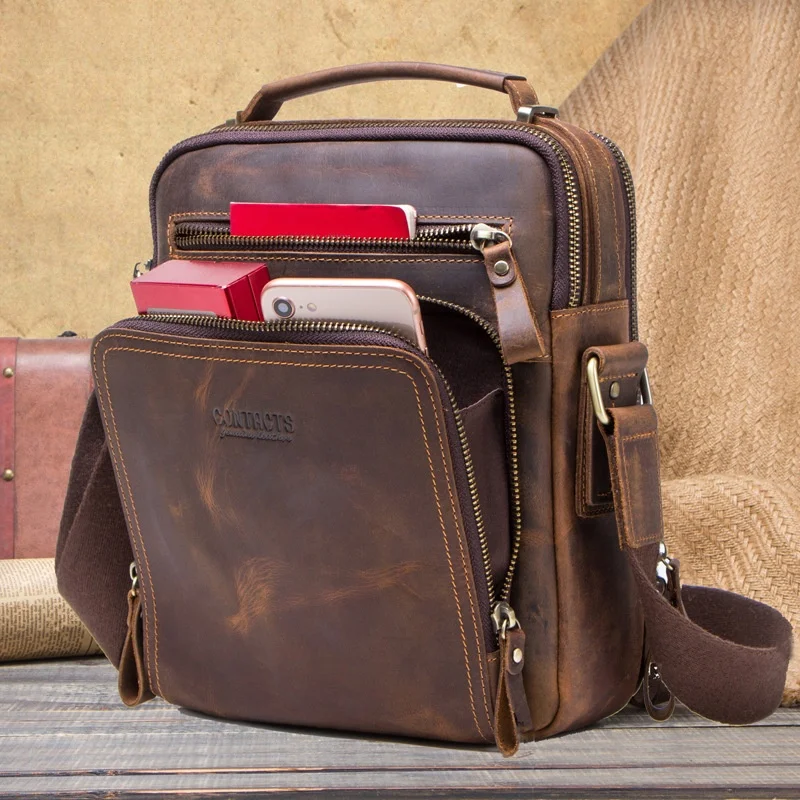 

Bla Angel Retro Mad Cowhide Men's Crossbody Bag Multi-Functional Trendy Men's Bag Zipper Closure Color Pure Lea...