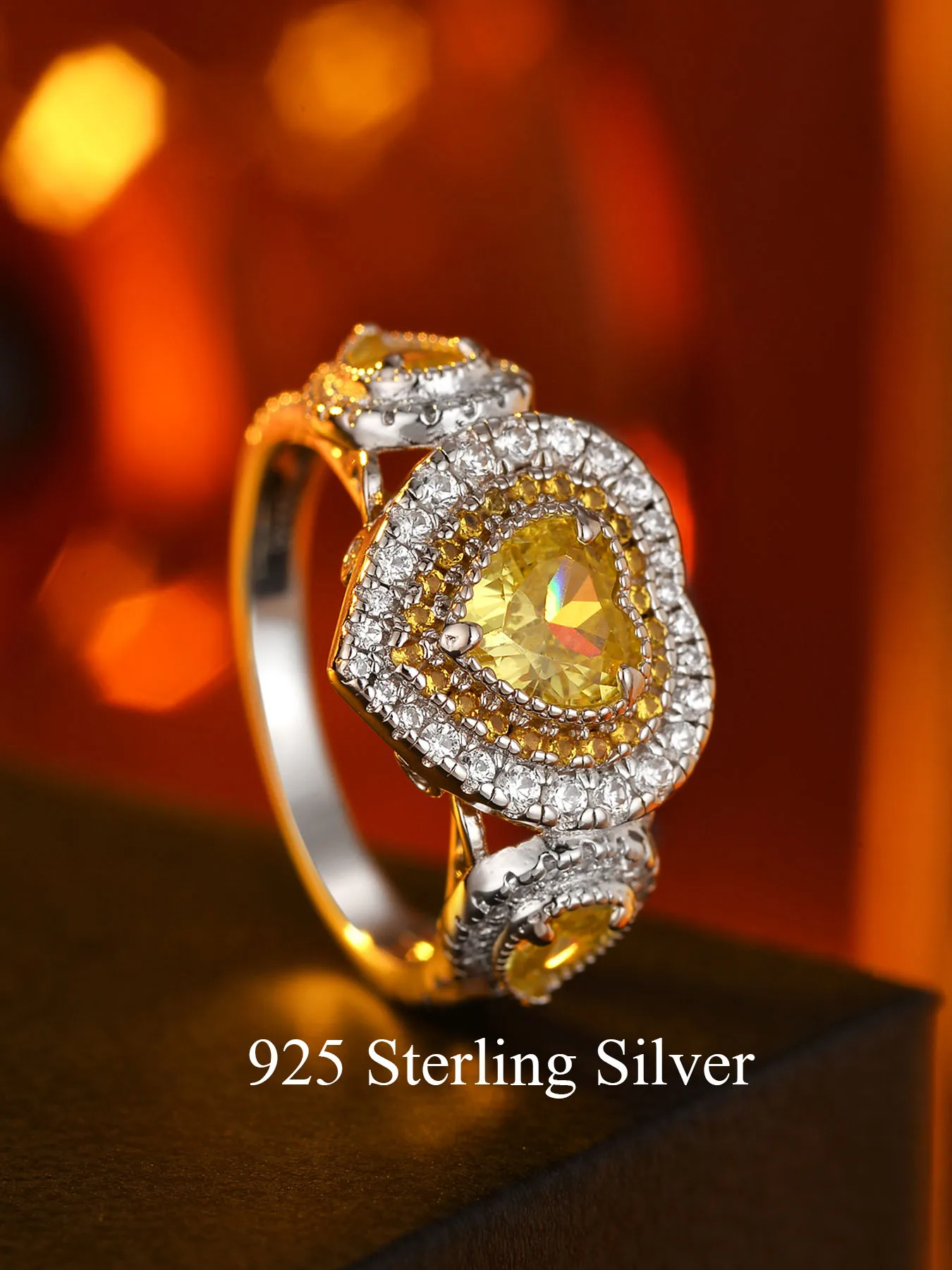 

Женское кольцо из стерлингового серебра 925 пробы, роскошный дизайн в форме желтого сердца, инкрустировано циркониевыми камнями 5А, подходит для повседневного ношения.