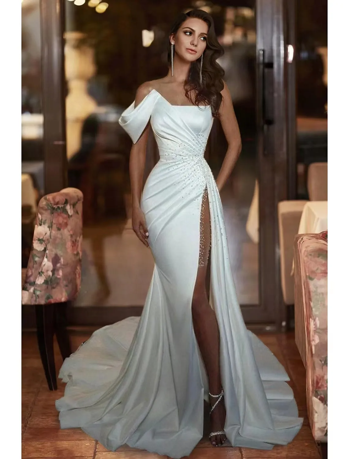 Msikoods Elegant Beads Wedding Dresses White One Shoulder Sleeveless Mermaid Bridal Dresses Satin Side Split Bride Gowns