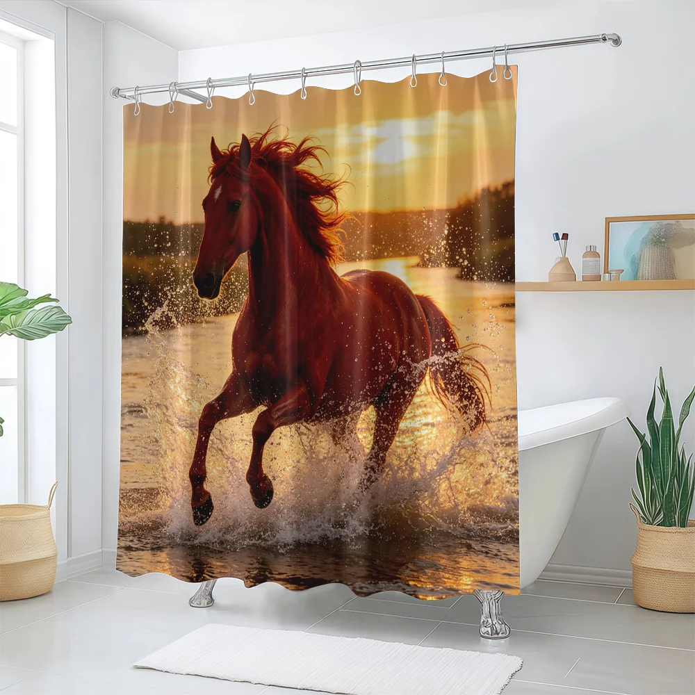 1pc 'Red Horse Galloping' Pattern Printed Shower Curtain, Horses Playing in Water Under Sunset Glow, Artistic Home Decor Bathroo