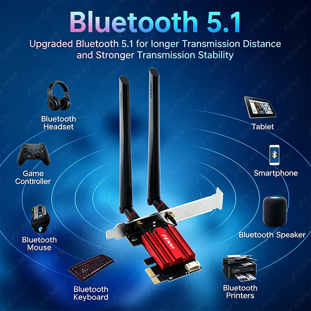 AC1200 WiFi5 PCIE WiFi Adapter BT5.1 Wireless Network Card Dual Band 2.4G/5GHz 802.11AC For Bluetooth4.0 Desktop PC Windows10/11