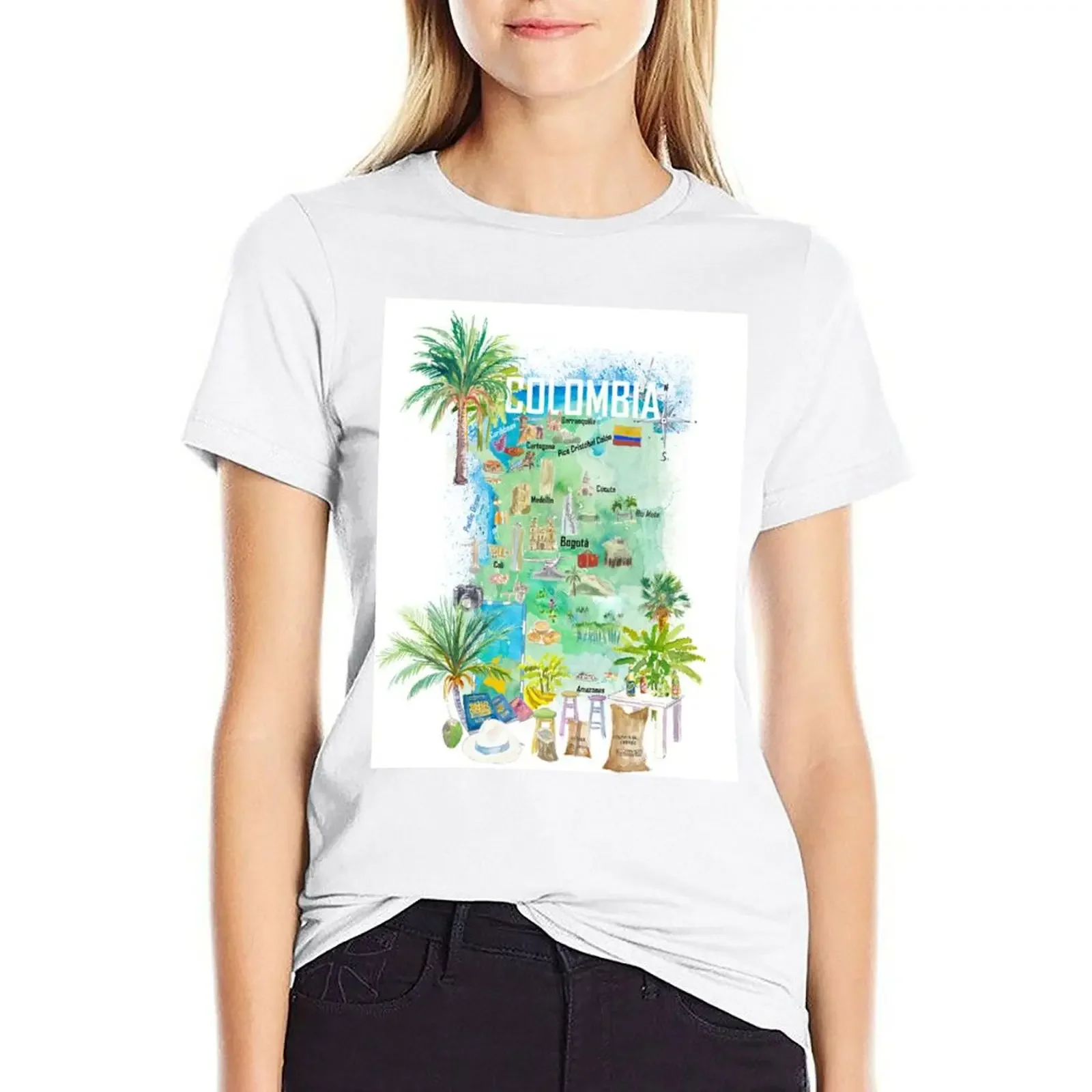 Colombia Illustrated Travel Map With Tourist Attractions And Highlights T-shirt graphics Women t-shirts