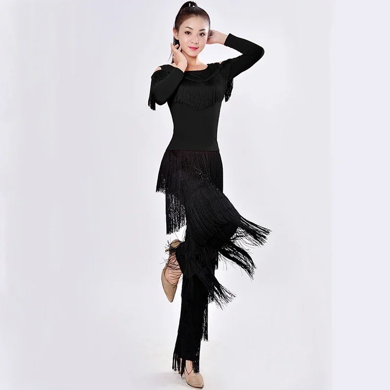 

New 2024 Latin Modern Dance Suits Women/girls Sexy Fringes Long Pants Ballroom/tango/rumba/latin Dresses Clothings For Dancer