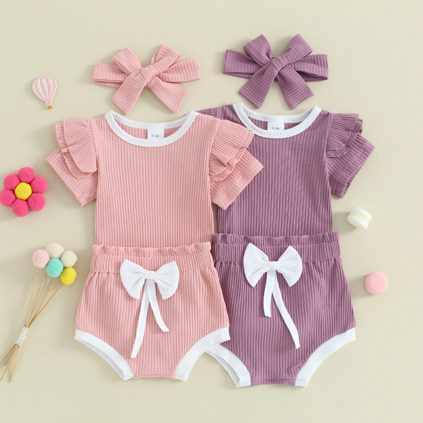 

Baby Girls Summer Outfits Contrast Colors Ribbed Short Sleeve Romper and Shorts Cute Headband 3 Piece Clothes