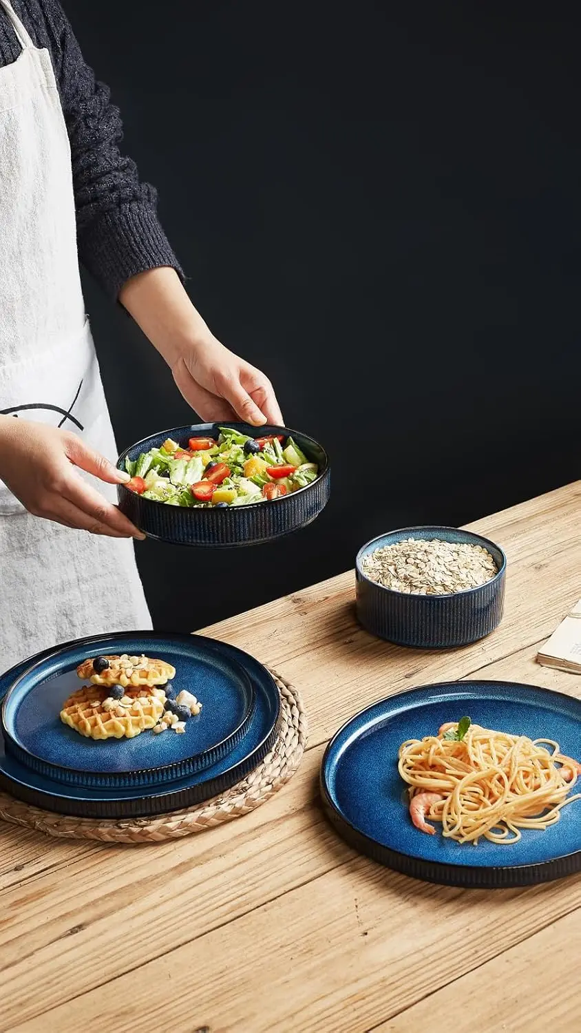 스타 디너웨어 세트 (접시와 그릇 포함), 4인용 (16피스), 석기 주방 식기 디너 세트 - 네뷸라 블루