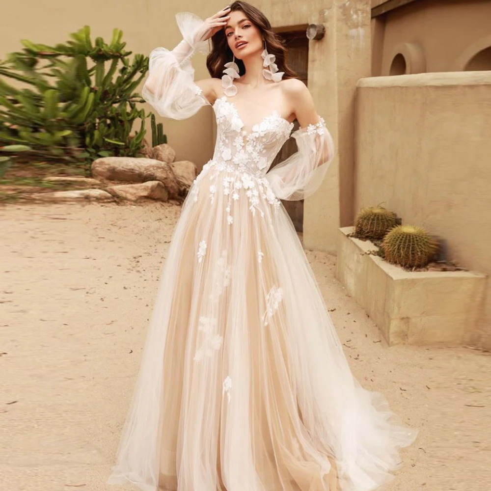 Off The Shoulder gaun pernikahan wanita Sweetheart A-Line Princess gaun pengantin berkilau Formal pesta pantai Vestidos De Novia