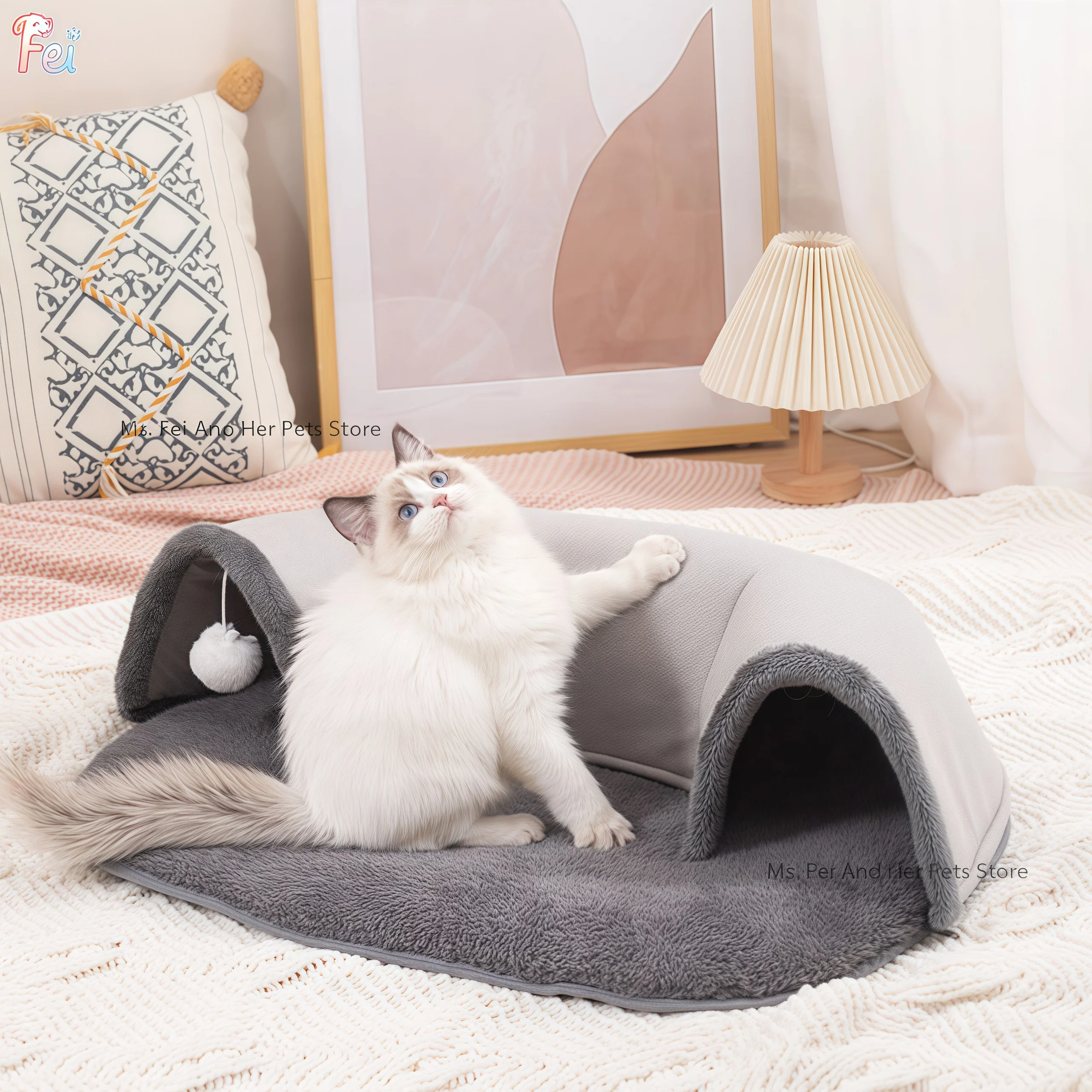 

Gray Plush Cat Tunnel with Transparent Window,Cozy Play Tunnel for Playing and Napping,Winter Warm Hideaway House for Small Pets