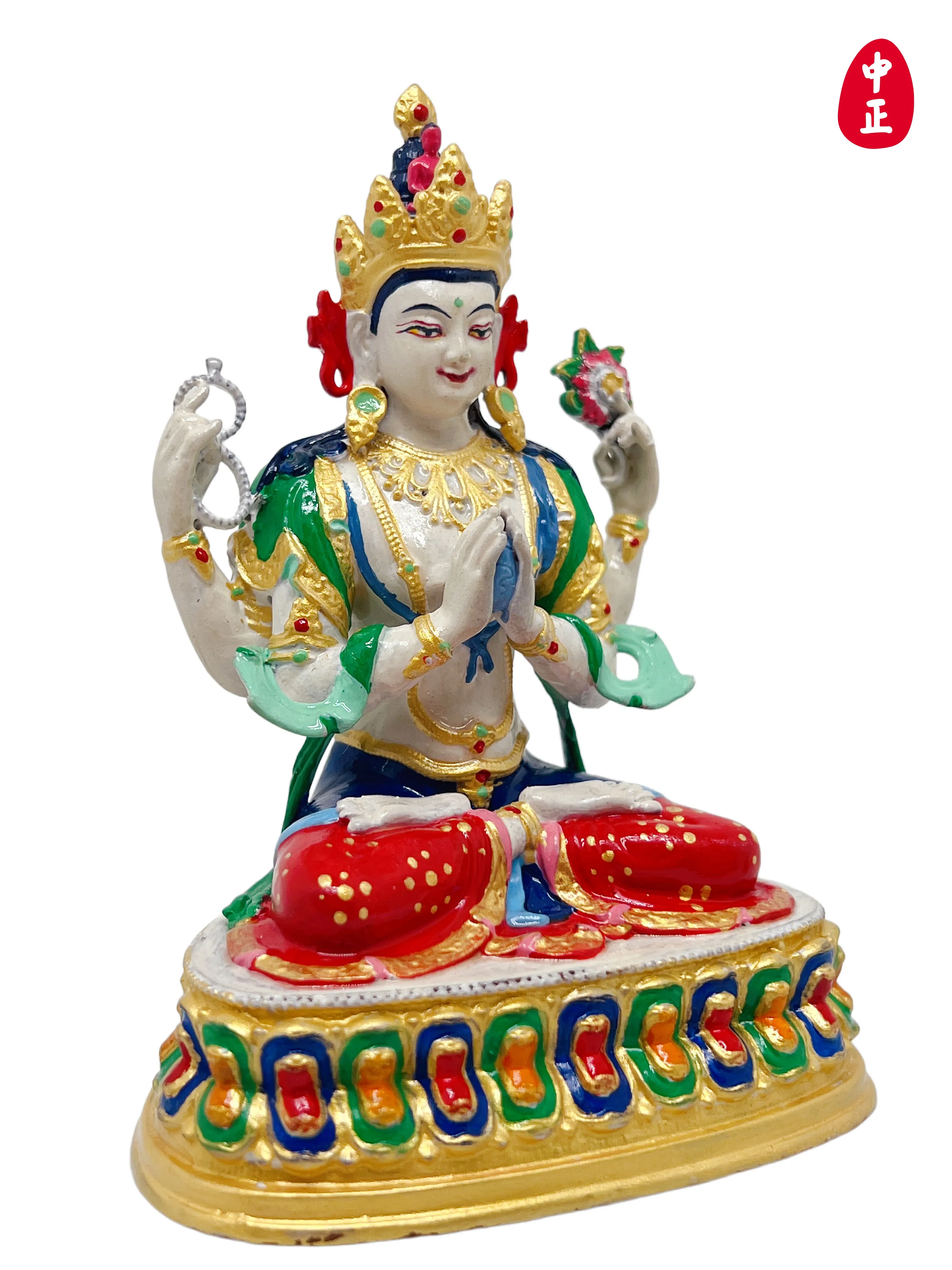 Painted four-arm Guanyin 10cm Zhongzheng statue red copper material supports customized handicraft desktop ornaments
