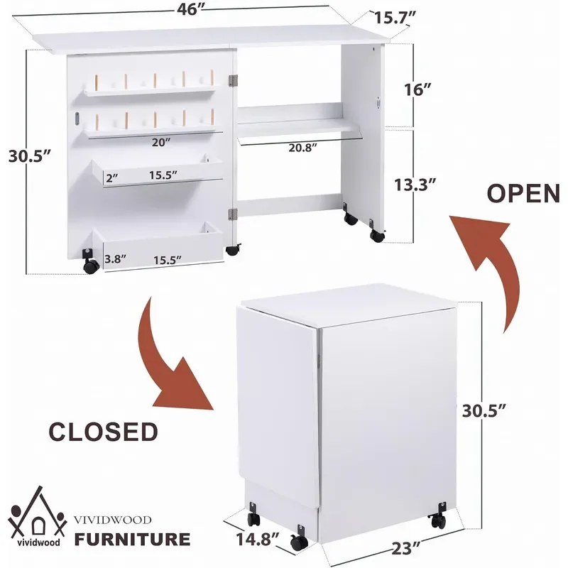 Folding Sewing Table Multipurpose Sewing Machine Table with Compact Design Wheels Shelves Bins Pegs Magnetic Locks White