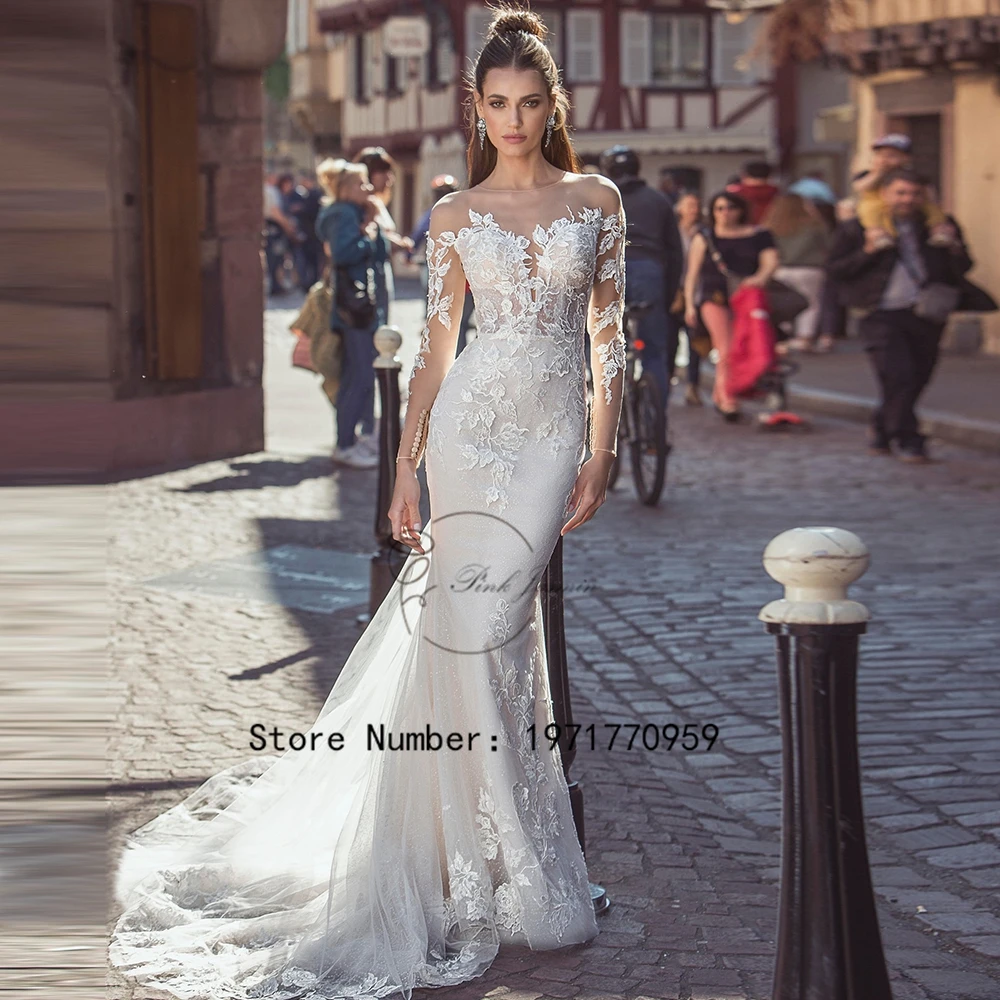 

Gorgeous Lace Wedding Dresses Scoop Neck Long Sleeves Illusion Back Mermaid Bride Gowns Lace Applique Tulle Suknia ślubna 2024