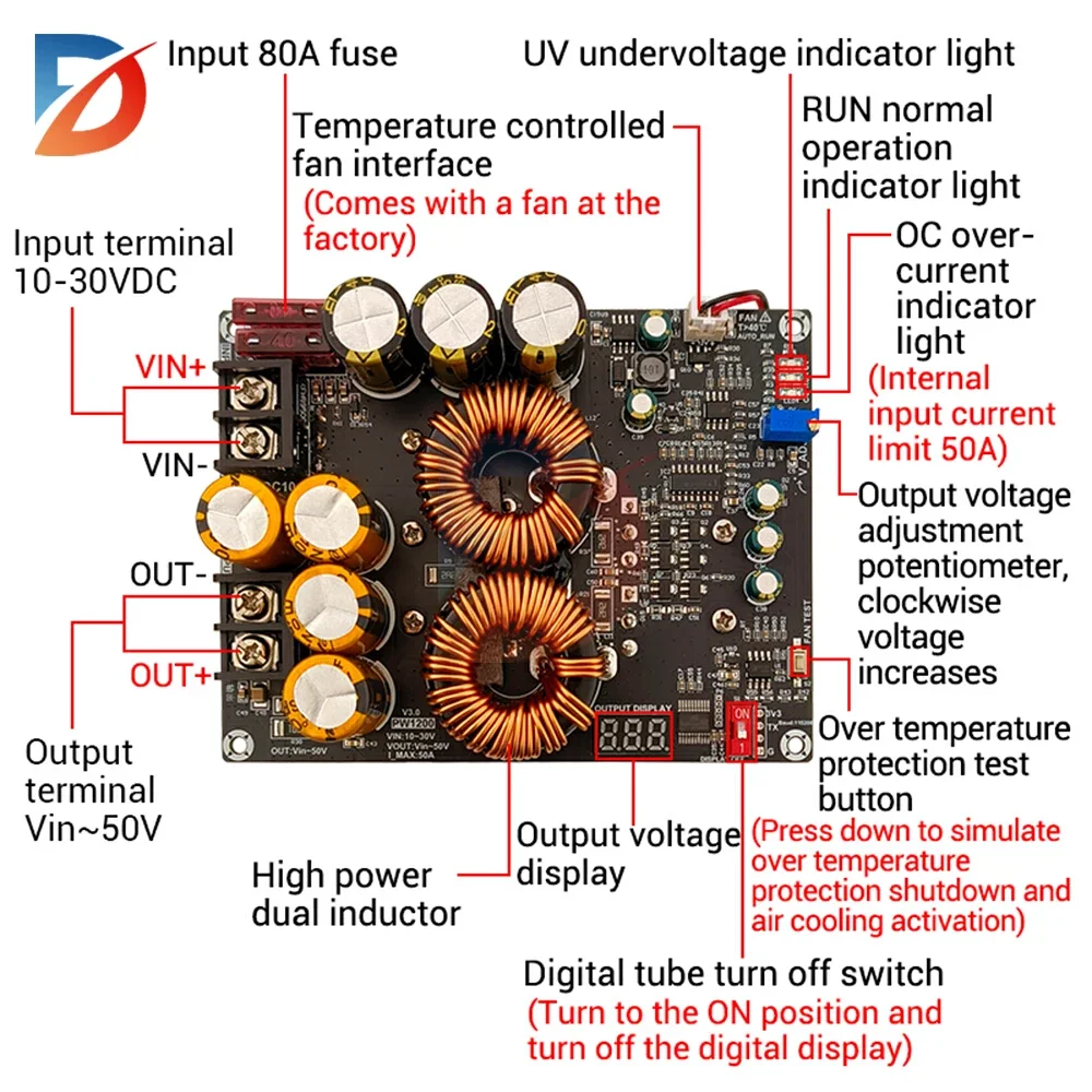 1200W 50A high current boost power module dual inductor sufficient power audio amplifier dedicated power supply PW1200