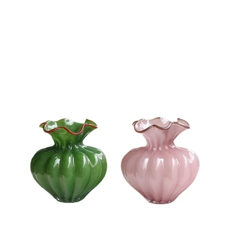 

Nordic handmade wavy mouth lace candy color pumpkin glazed vase cute model room living room home decoration bottle