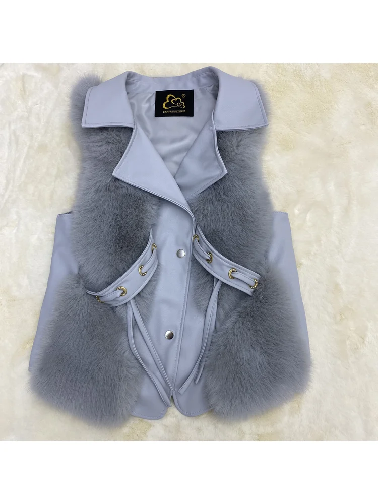 ヨーロッパ系アメリカ人ファッション ハンサム フェイクファー PU スプライシングベスト 秋冬 エレガンス ラペル バイク ブラウン ノースリーブジャケット