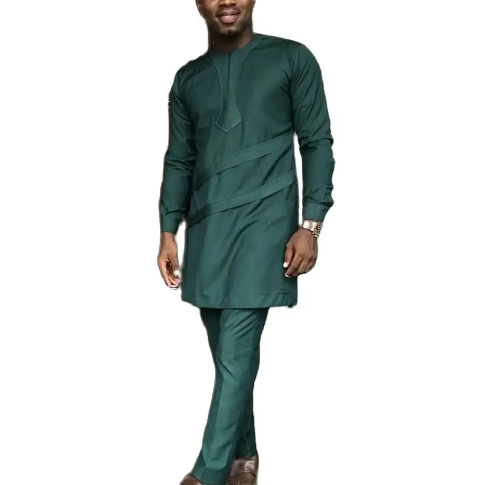 Kaftan Elegant African Men\'s Set Long Sleeve Ethnic Top And Pants Full Luxury 2 Pieces Outfits Dashiki Solid Color Wedding Dress