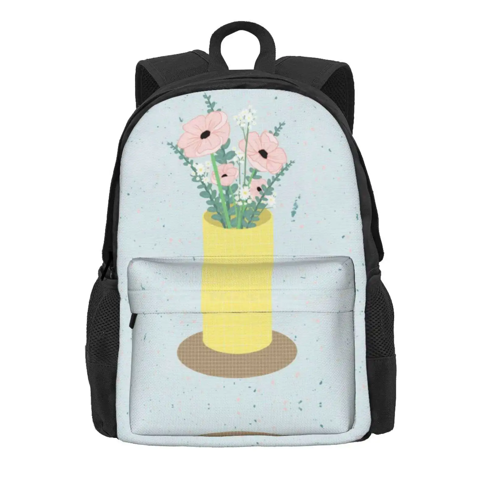 Poppy Vase Print Hot Sale Schoolbag Backpack Fashion Bags Flower Vase Flower Bunch Floral Flowers Pastel Leaves