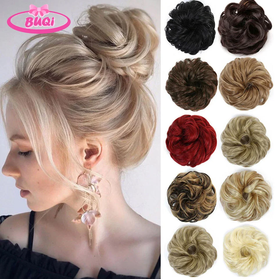 BUQI Wavy Curly Hair Bun Extensions Donut Hair Chignons Hair Piece Hairpiece Wrap On Ponytail Curly Elastic Rubber Band Chignons