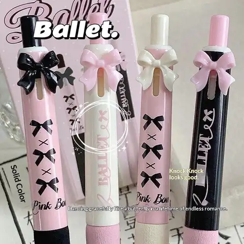 /KQM/4 Pcs Black And White Bow Press Pen Soft Grip Super High Value 0.5mm Brush Question Quick Drying Press Cartoon Neutral Pen