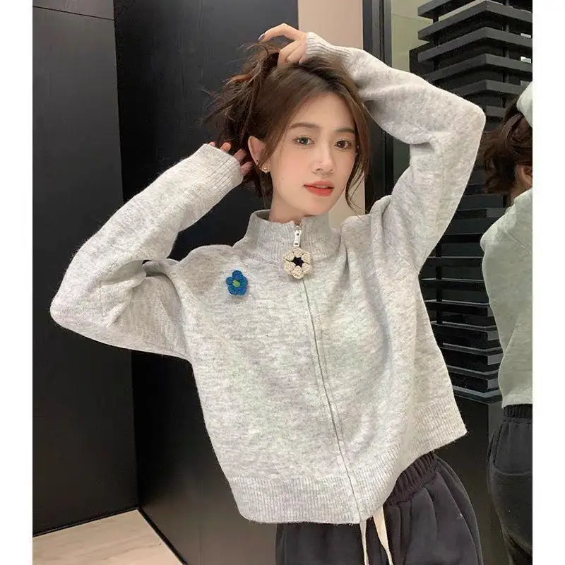 

Zipper High Neck Sweater For Women Autumn Winter Casual Commuting Knitted Cardigan Sweet Tops Fashion Women Clothing