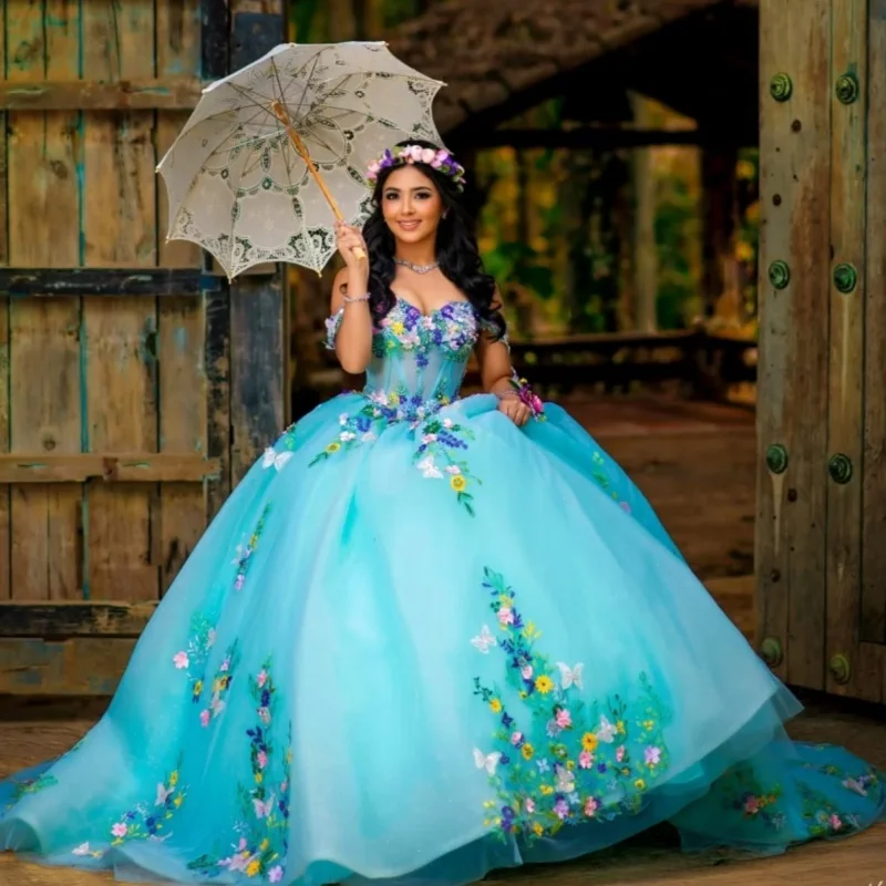 

Simple Blue Quinceanera Dress off-shoulder Glitter Crystal 3D Flower Decal Long tail vestidos de 15 Quinceanera ﻿Customized