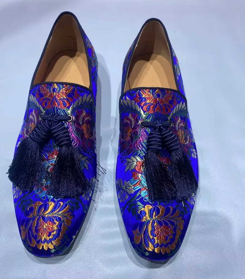 Luxury Fashion Mens Tassel Loafer Satin Embroidery Men Casual Shoes Handmade Slip On Man Dress Shoes Flats Party And Prom Shoes