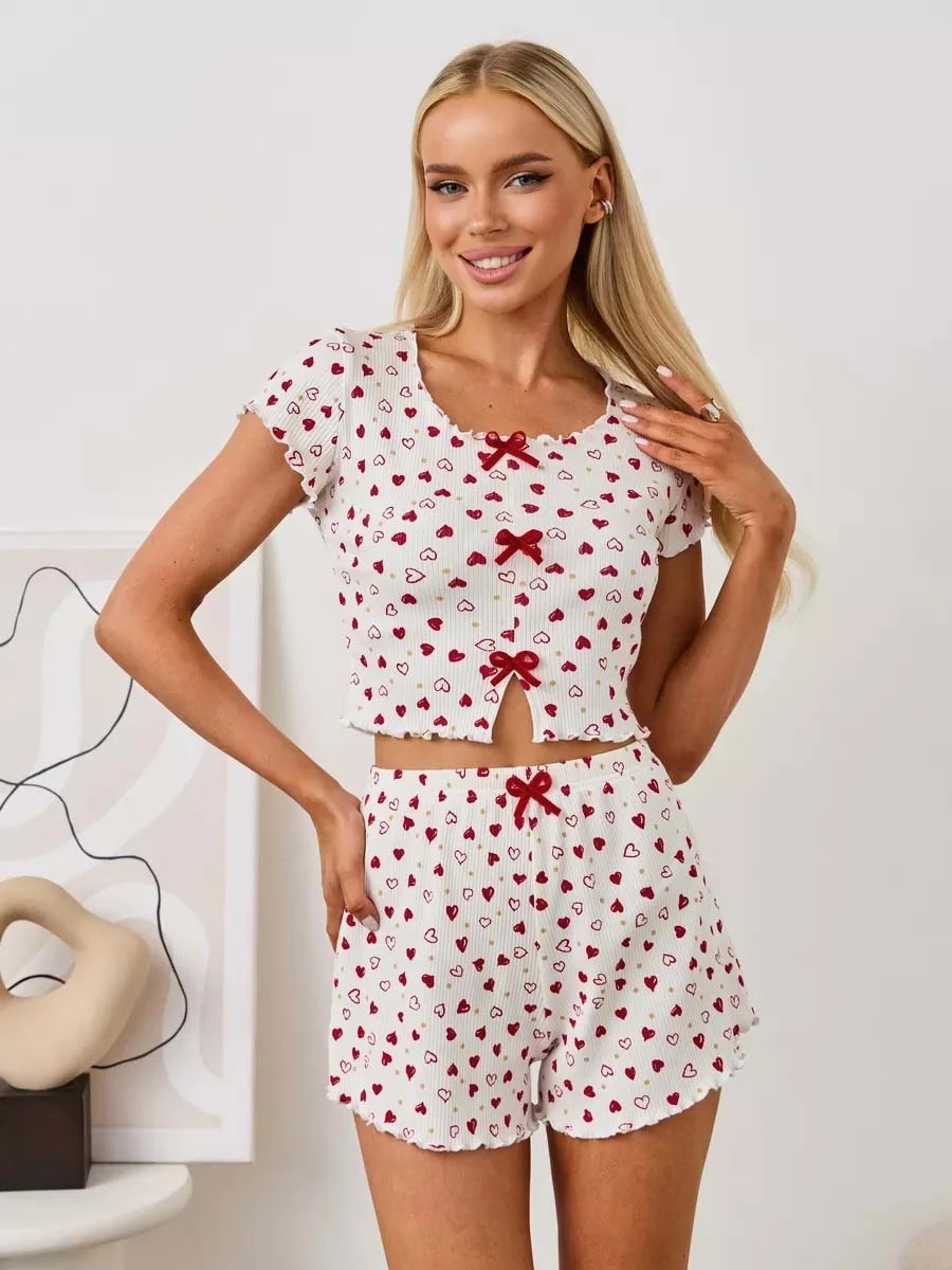 Women Heart Print Pajama Set Sweet Bow Lettuce Trim Crop Short Sleeve Top Shorts 2 Piece Casual Loungewear Sleepwear Home Pjs 5