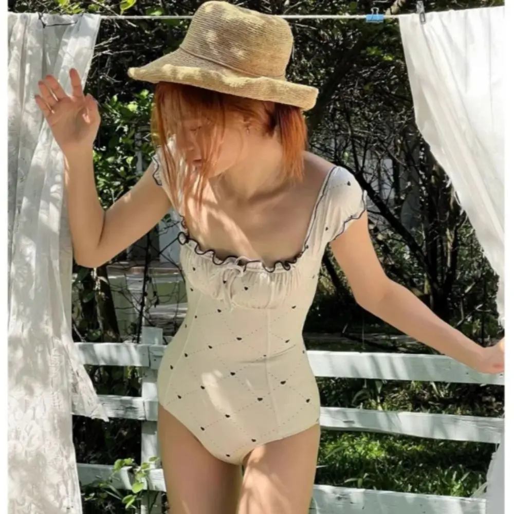 

Новый купальный костюм с рюшами и принтом в горошек, мягкий купальный костюм с завязками и принтом в виде сердца, пляжная одежда для плавания