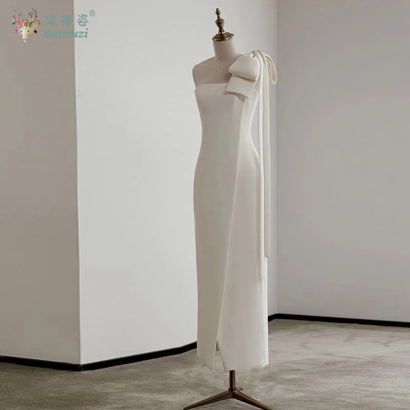 ホワイトブライダル婚約ドレスワンショルダーリボンストラップレスバックジッパーハイサイドスプリット宴会セレモニーボールイブニングドレス