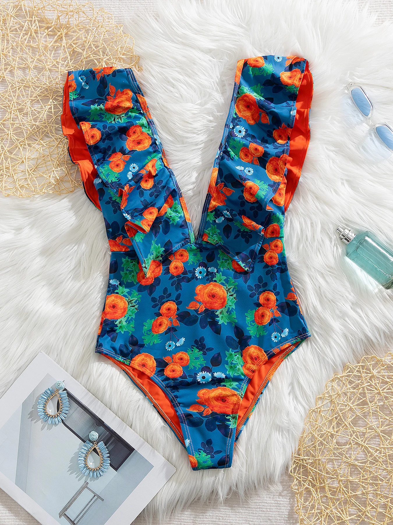 

Fashion Shoulder Ruffle Women Printed One Piece Swimsuit Sexy Deep V Neck Lady Bodysuit Swimwear Female Bathing Suit Beachwear